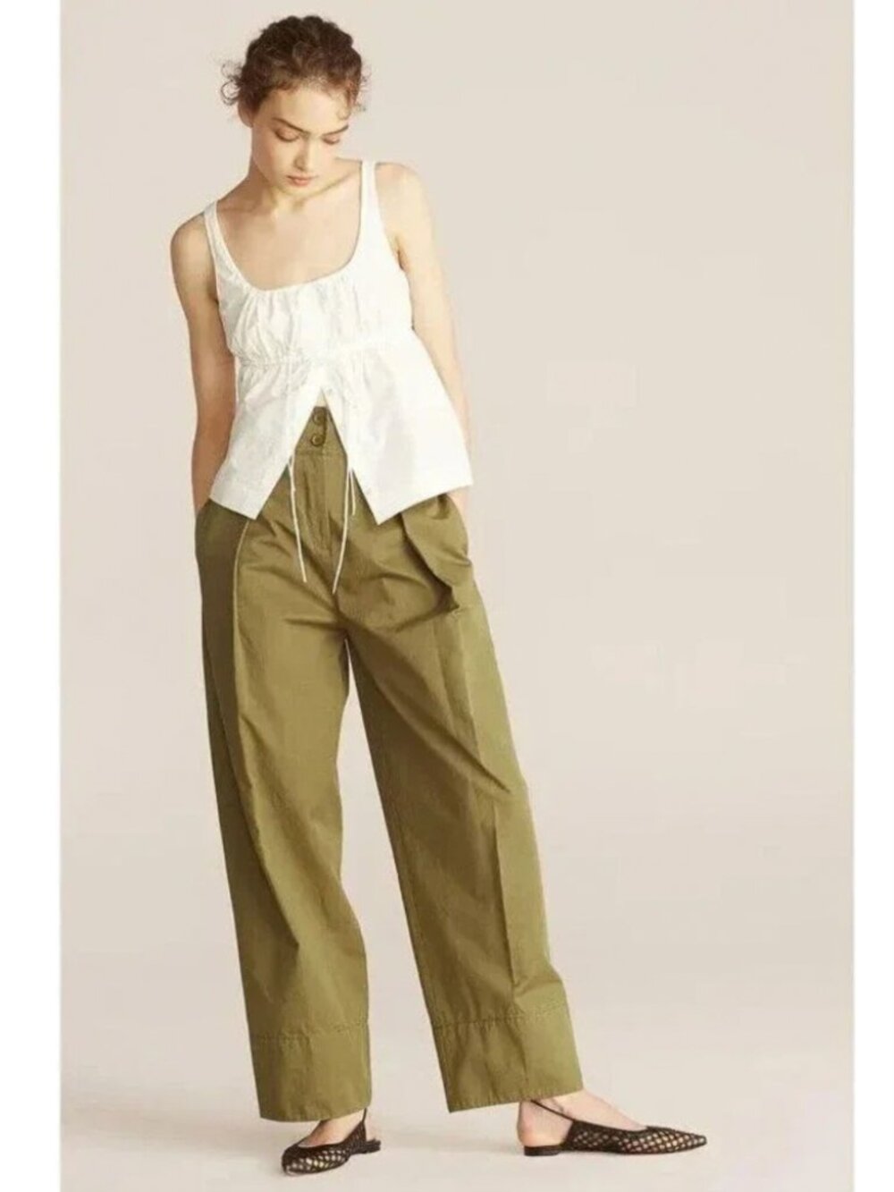 REBECCA TAYLOR Olive Green High-Waist Barrel Leg Cotton Twill Pants Size 4 - Picture 2 of 10